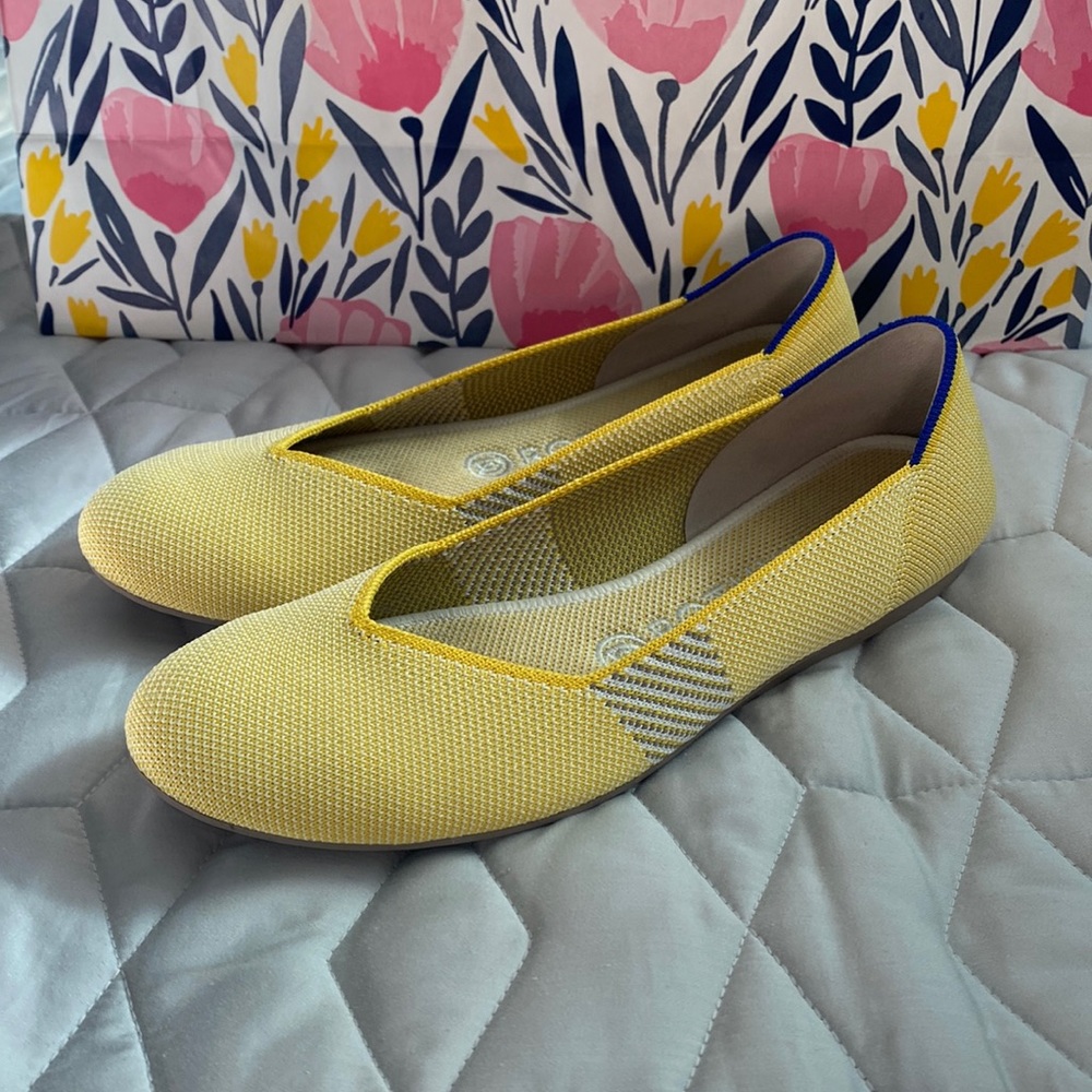 Rothy's Yellow Knit Flats with Blue Heel Trim